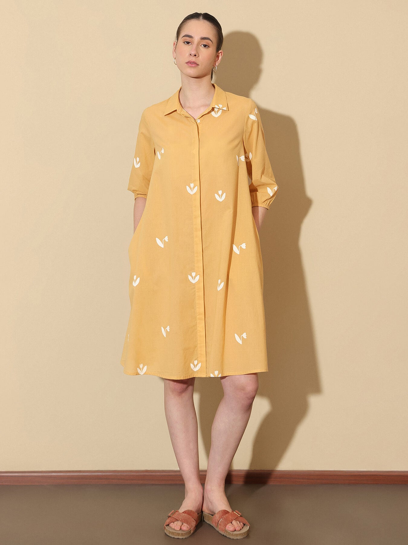 Cotton Floral Shirt Style Dress - Yellow