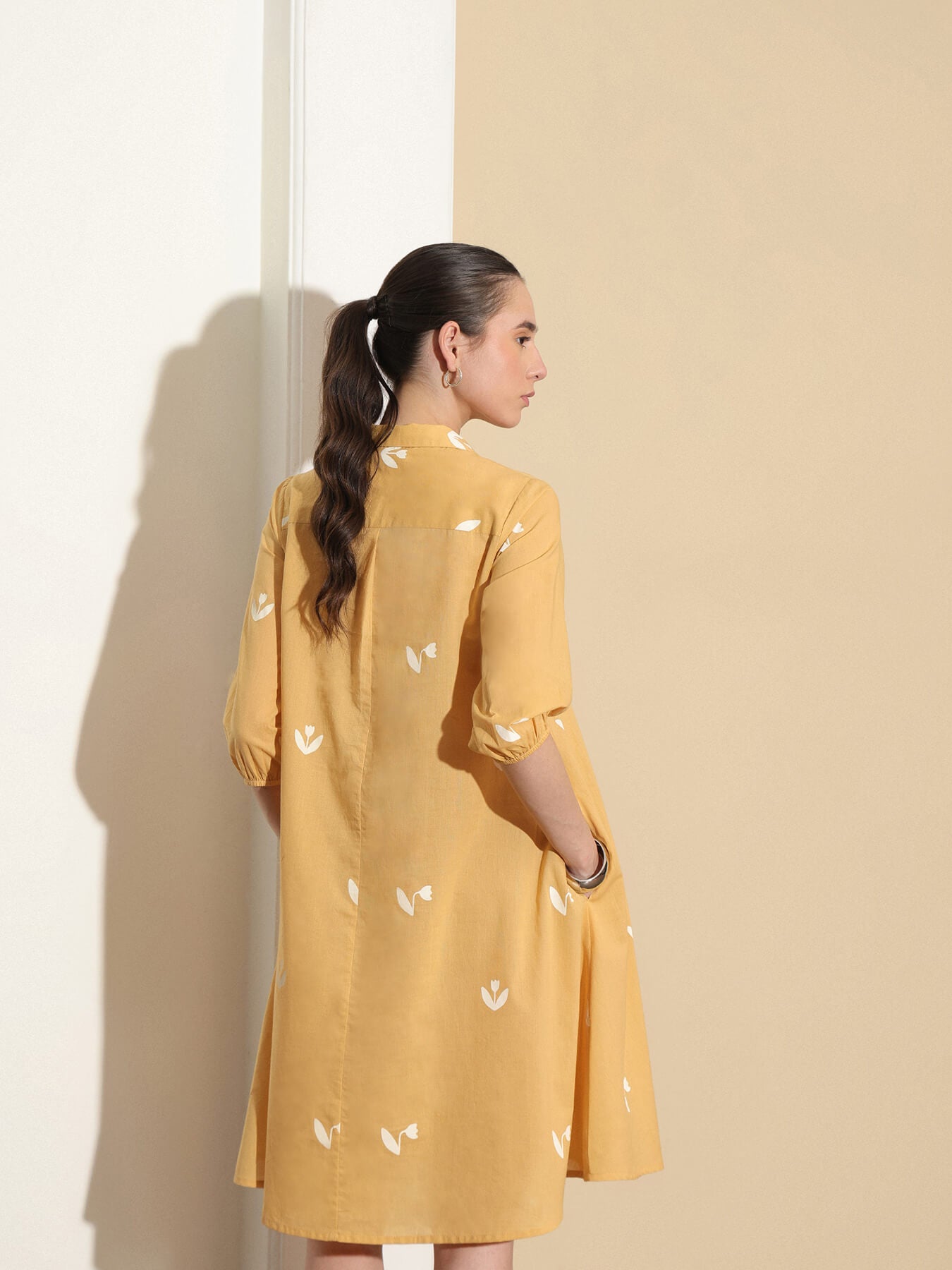 Cotton Floral Shirt Style Dress - Yellow