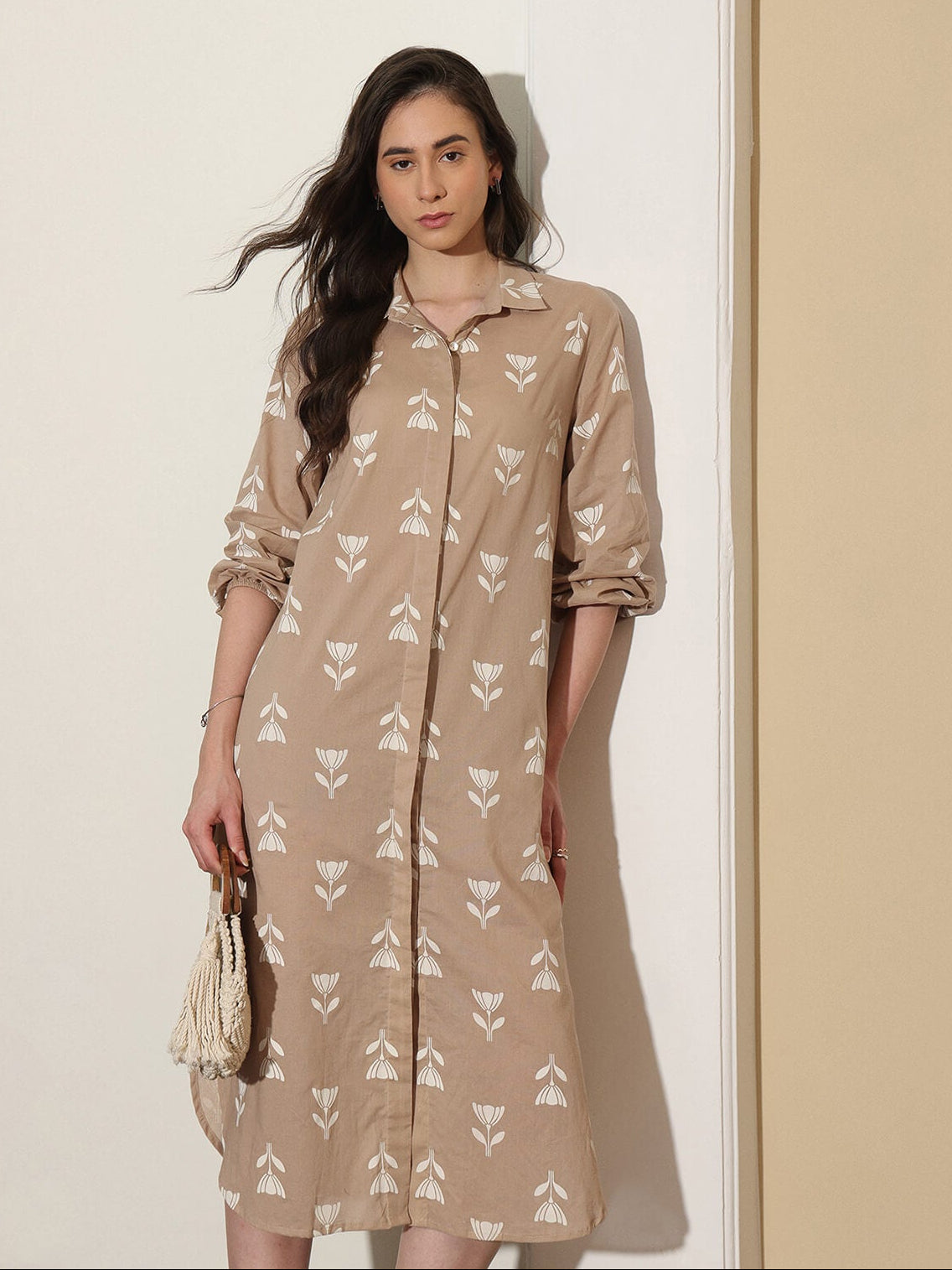 Cotton Floral Shirt Collar Dress - Beige