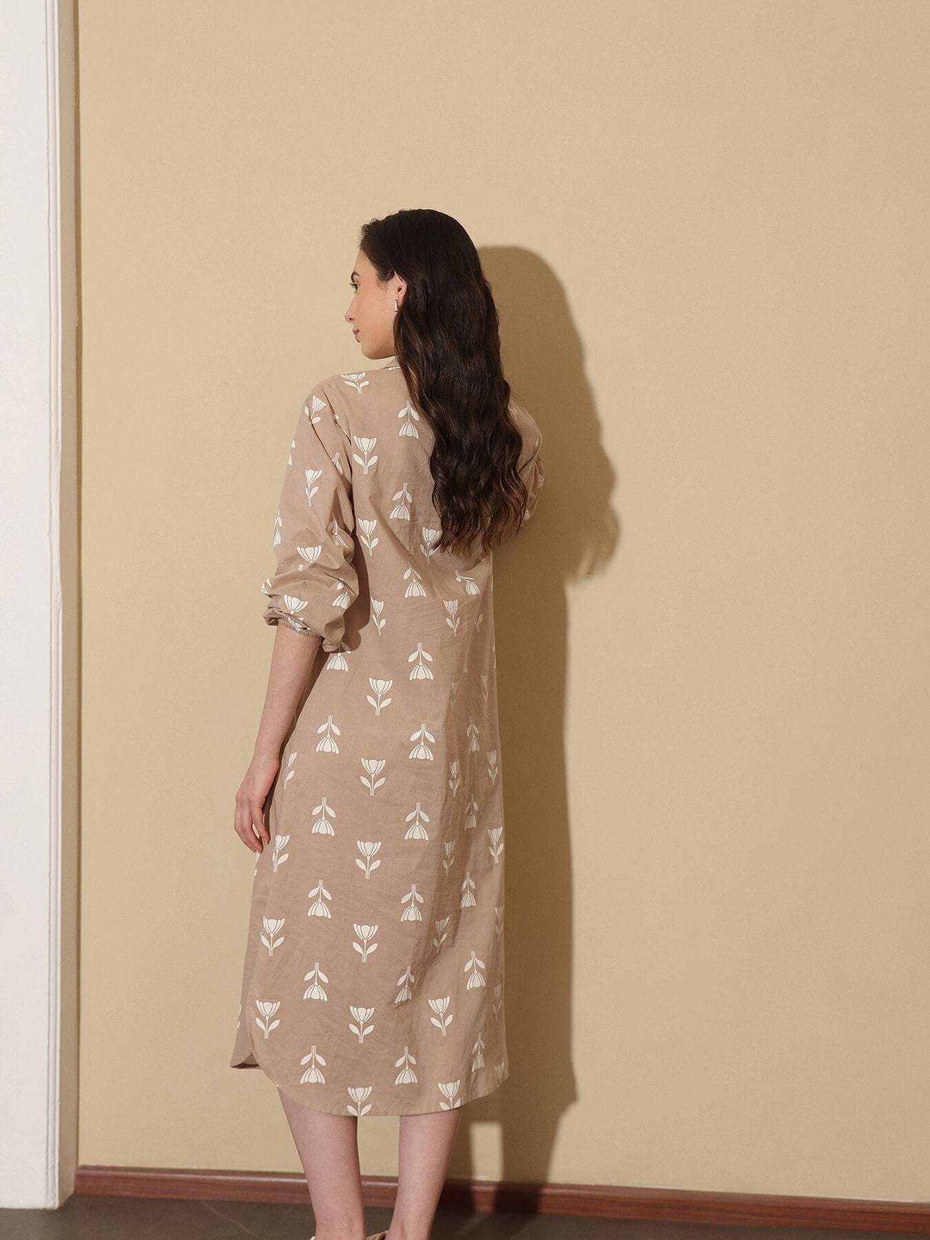 Cotton Floral Shirt Collar Dress - Beige