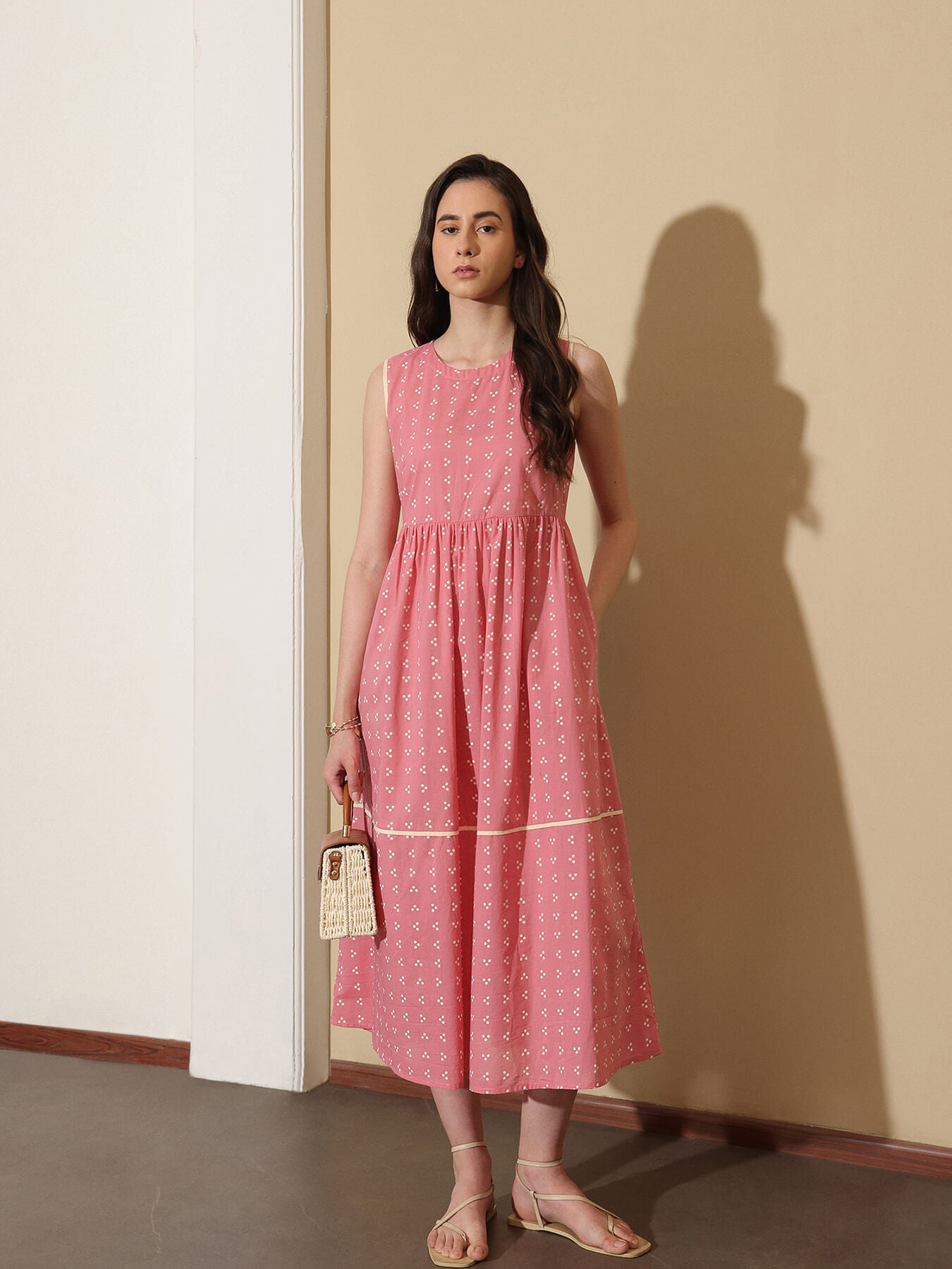 Cotton Tribal Fit and Flare Dress - Pink