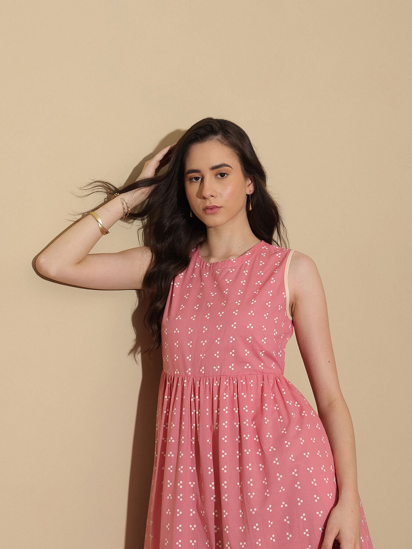 Cotton Tribal Fit and Flare Dress - Pink