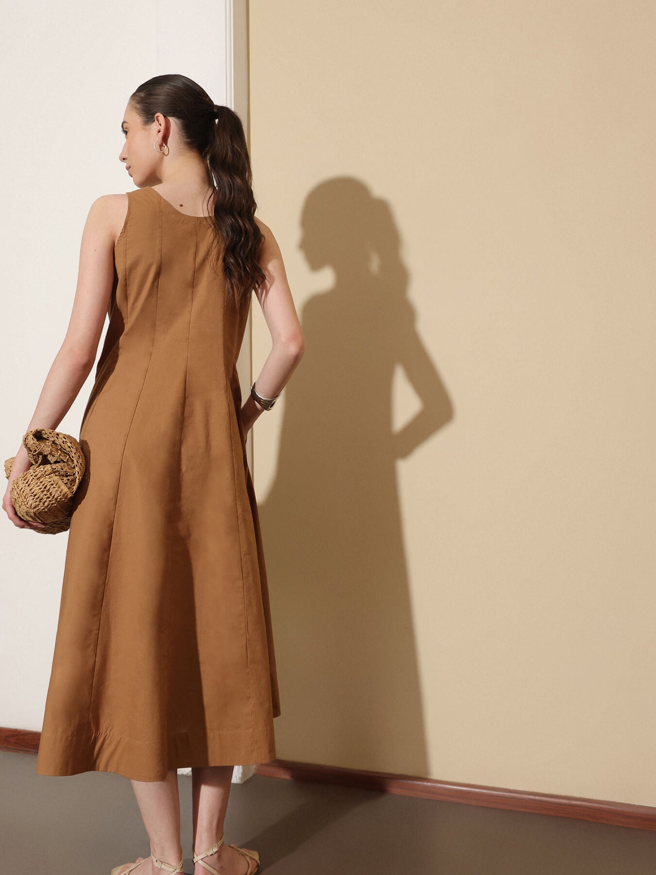 Cotton Colourblock Fit and Flare Dress - Brown