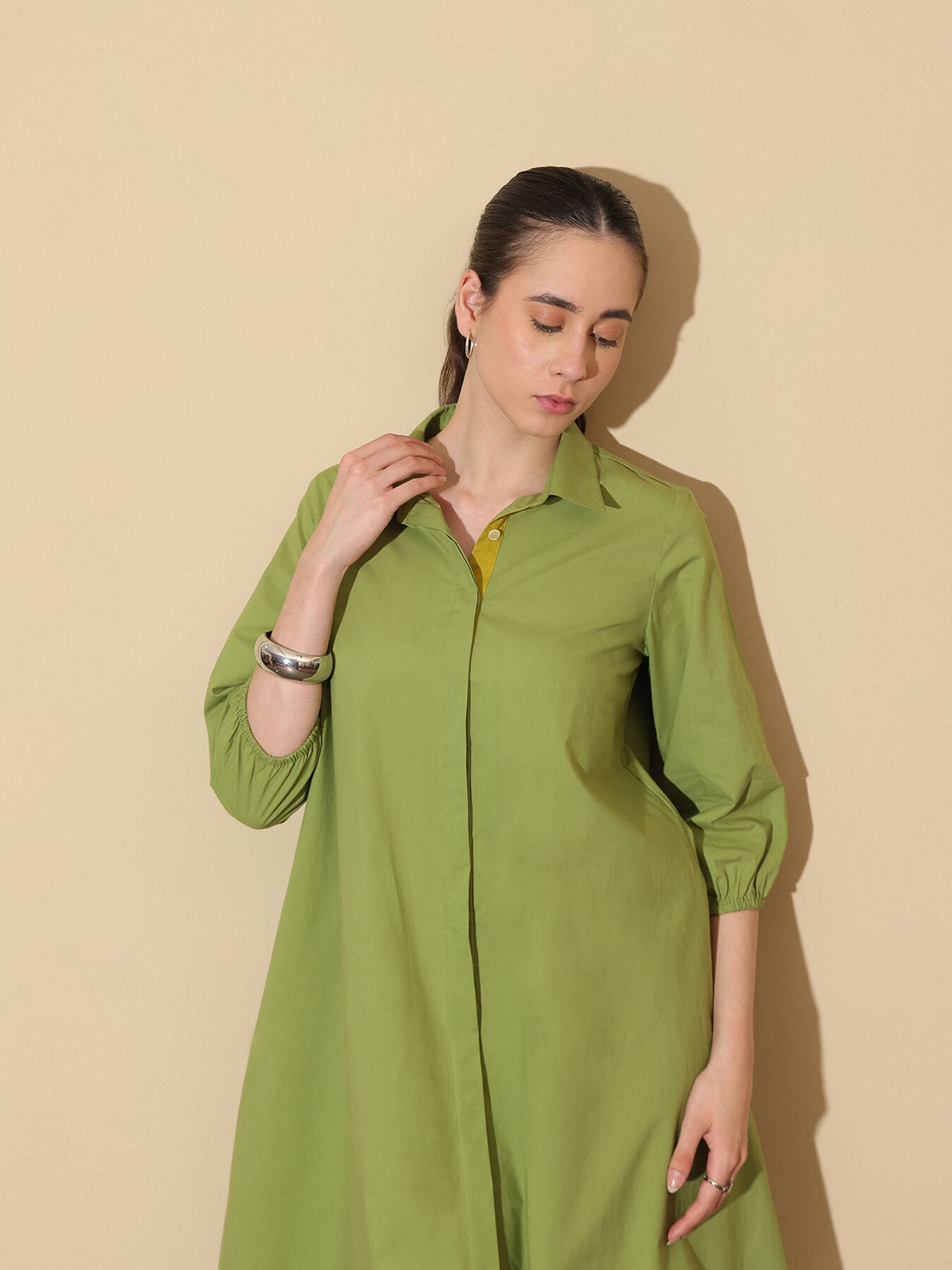 Cotton Colourblock Shirt Collar Dress - Green
