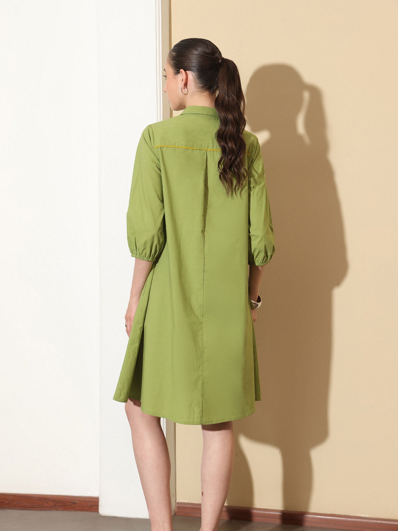 Cotton Colourblock Shirt Collar Dress - Green