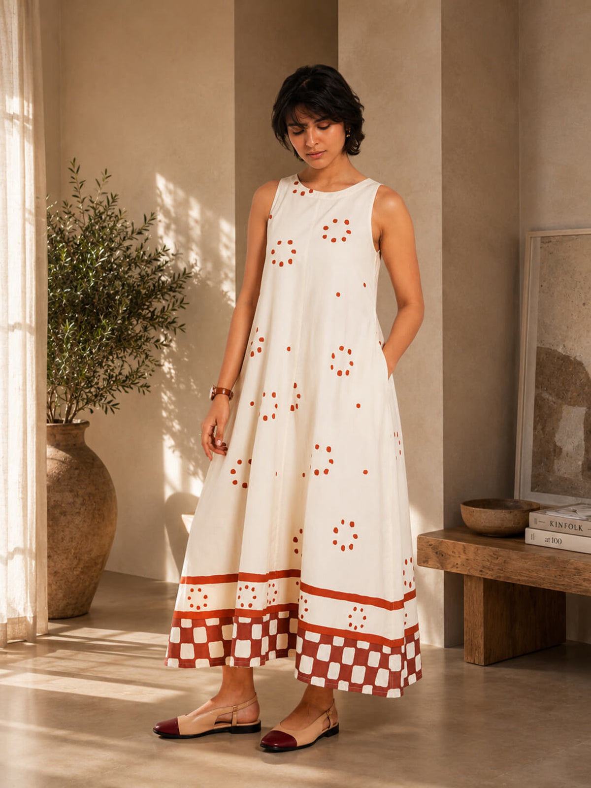 Cotton Geometric Print A-Line Dress - Off White