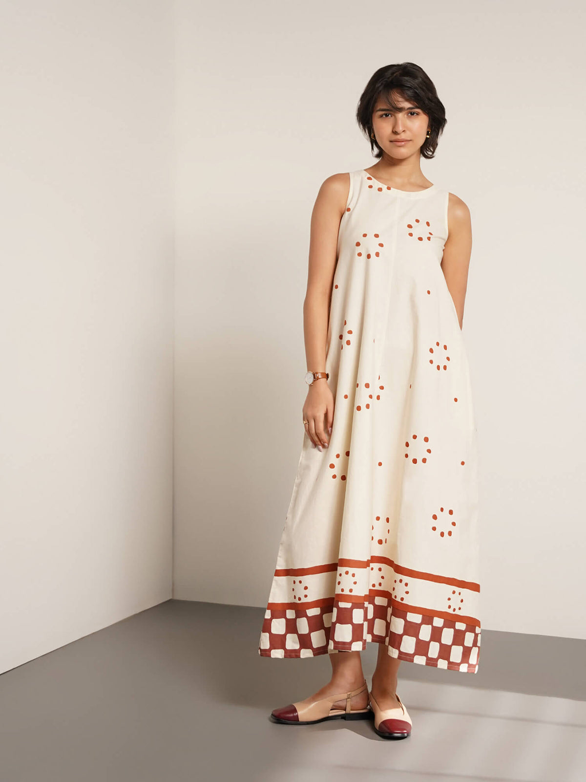 Cotton Geometric Print A-Line Dress - Off White