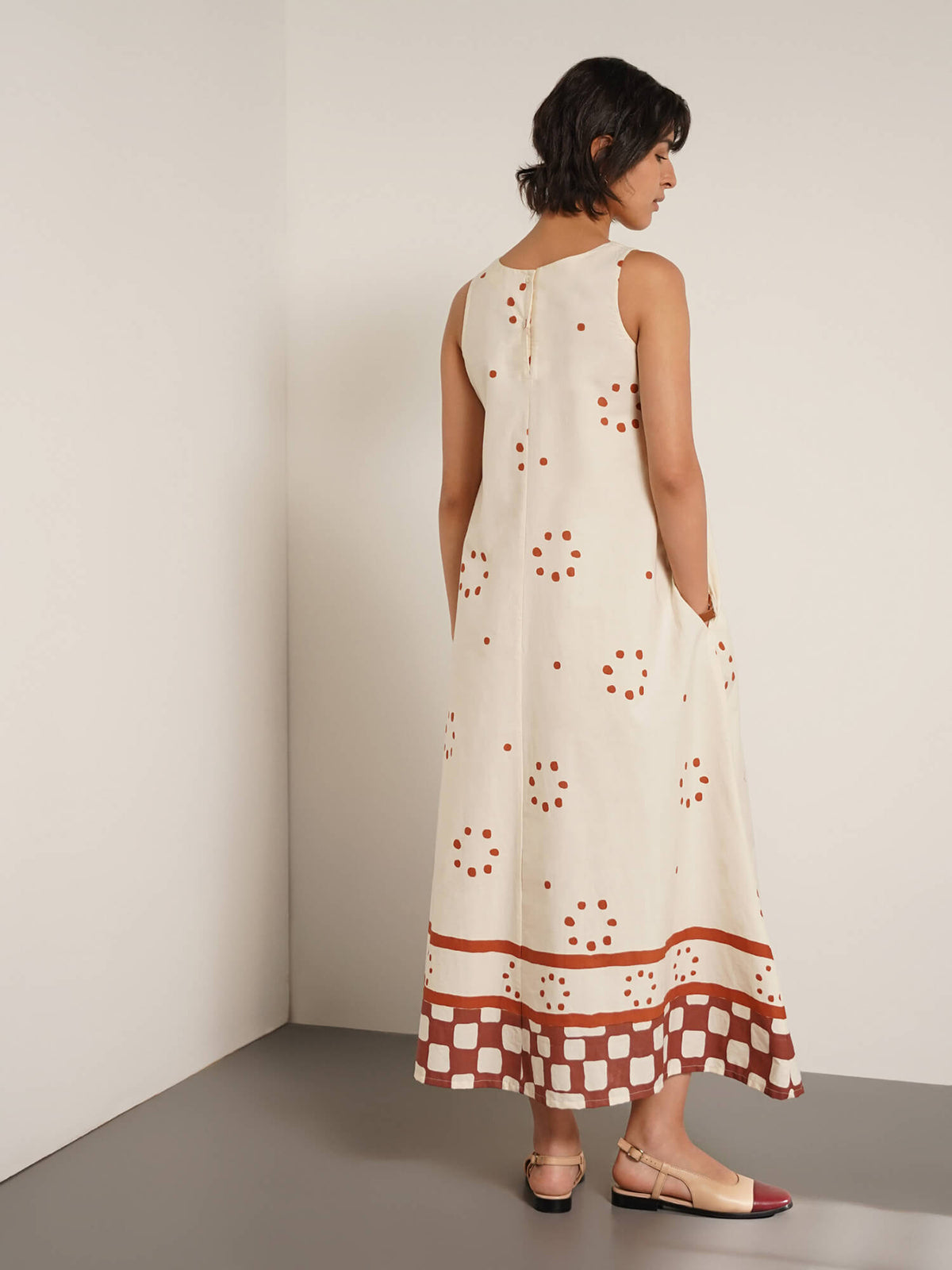 Cotton Geometric Print A-Line Dress - Off White