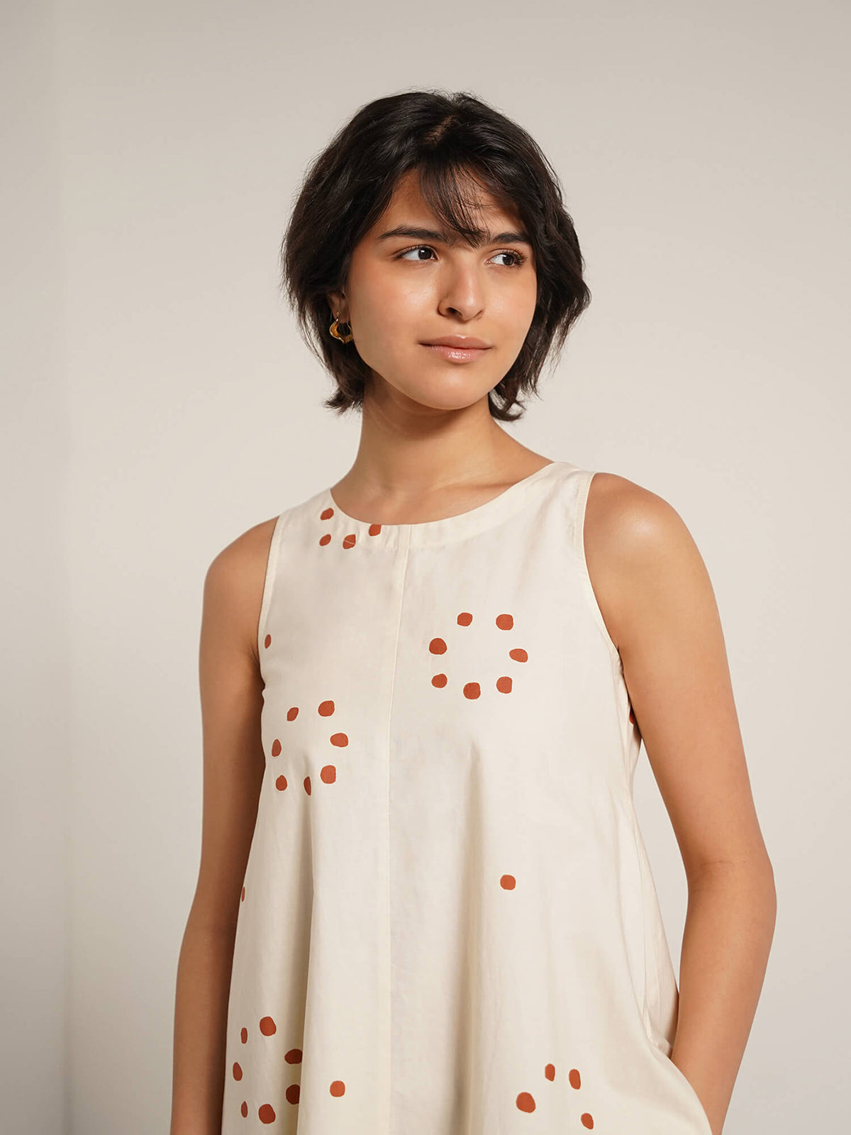 Cotton Geometric Print A-Line Dress - Off White