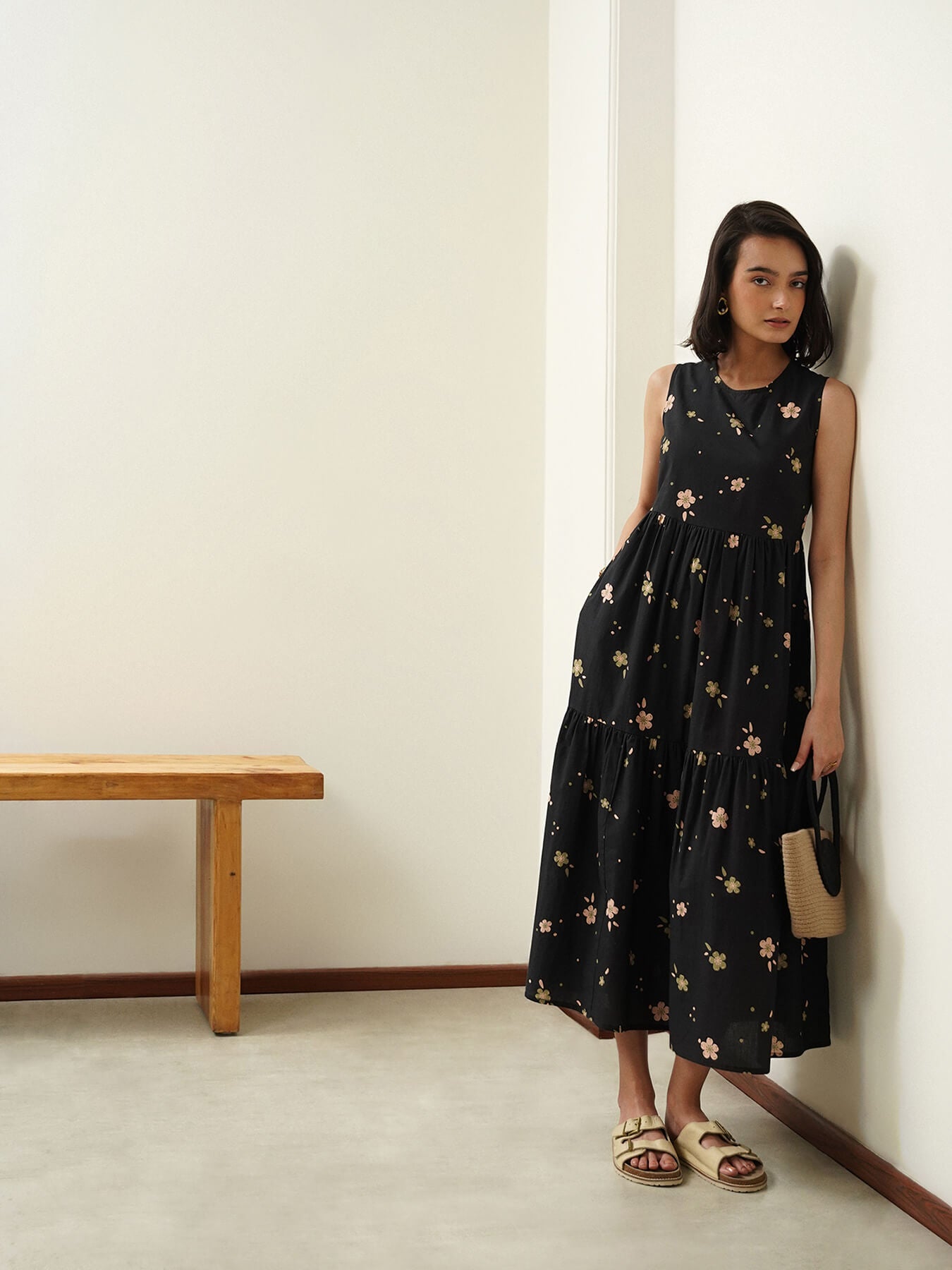 Cotton Floral A-Line Dress - Black