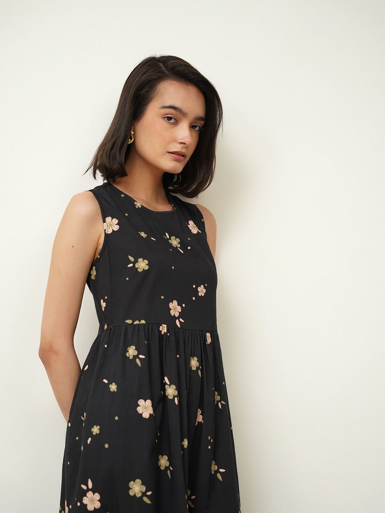 Cotton Floral A-Line Dress - Black