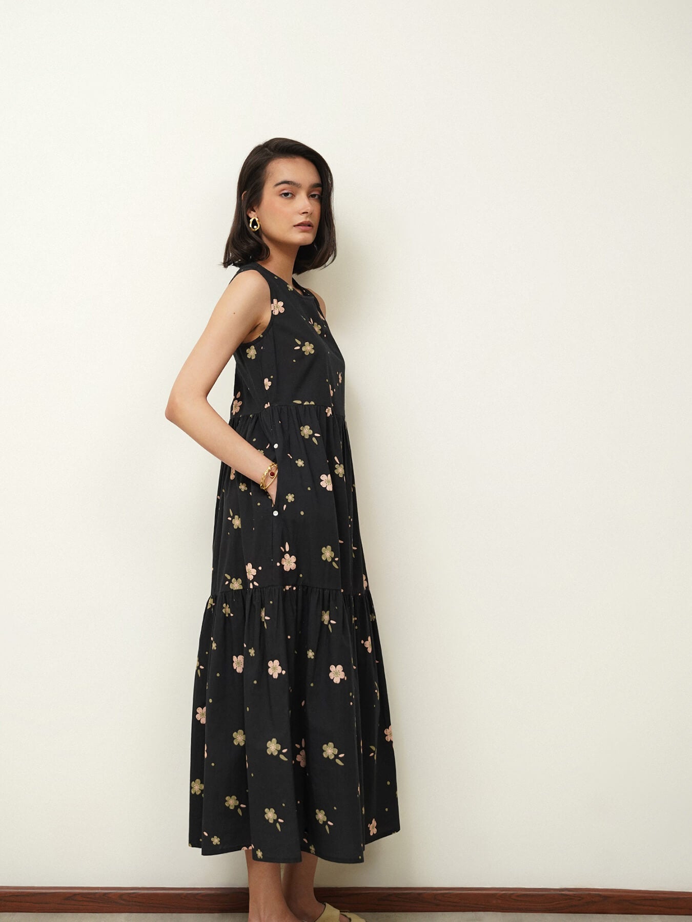 Cotton Floral A-Line Dress - Black