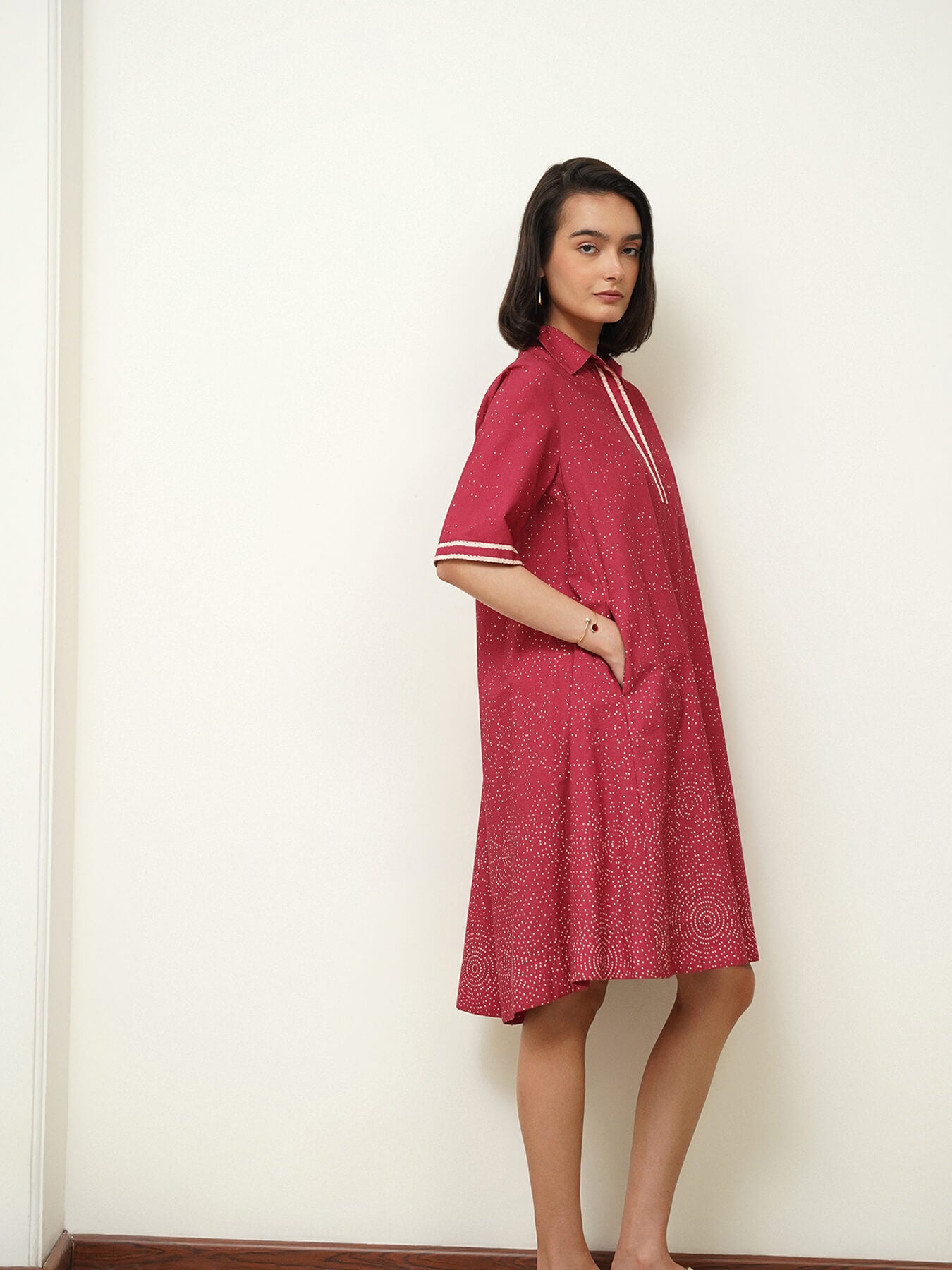 Cotton Geometric A-Line Dress - Pink