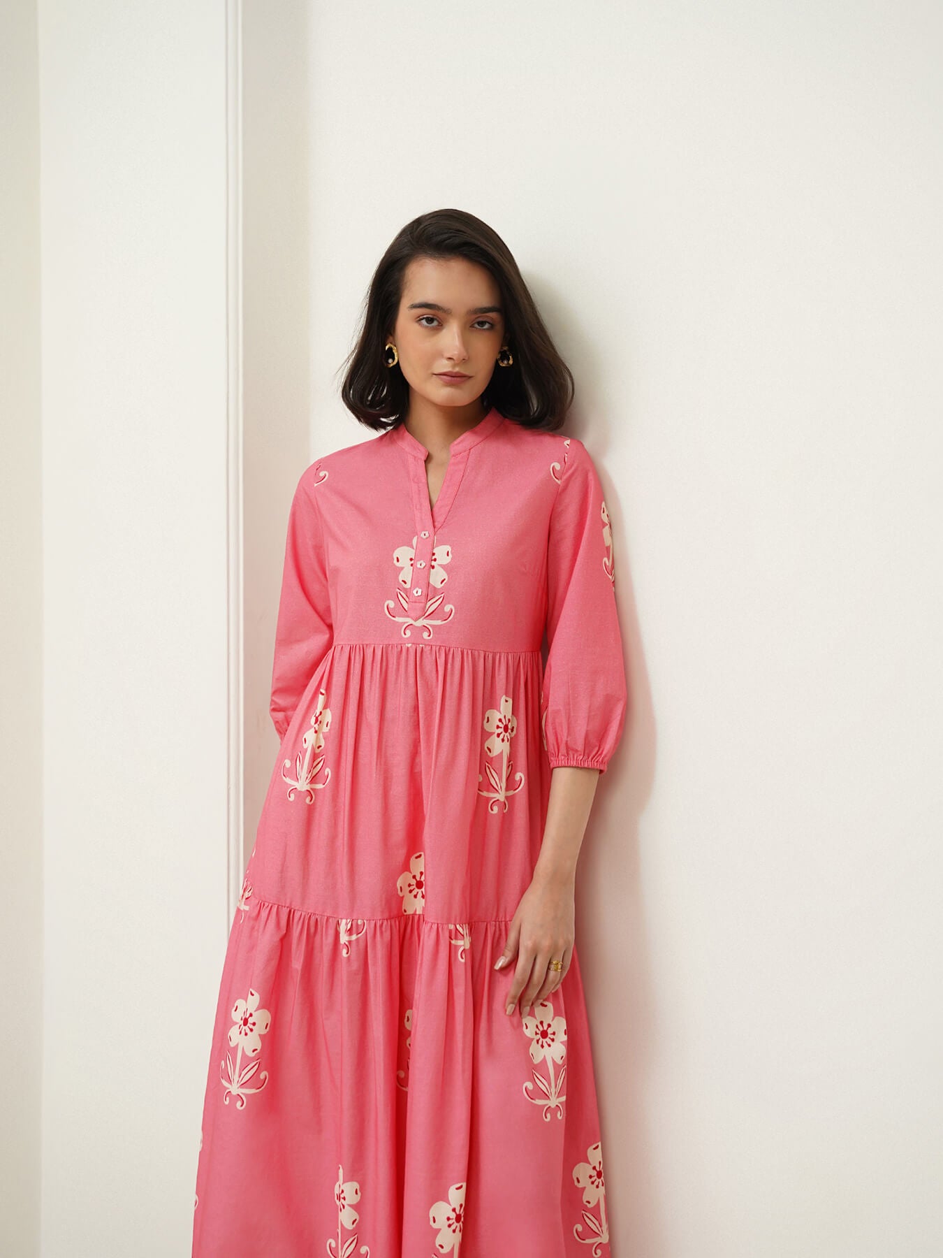 Cotton Floral Mandarin Collar Kurta Set - Pink