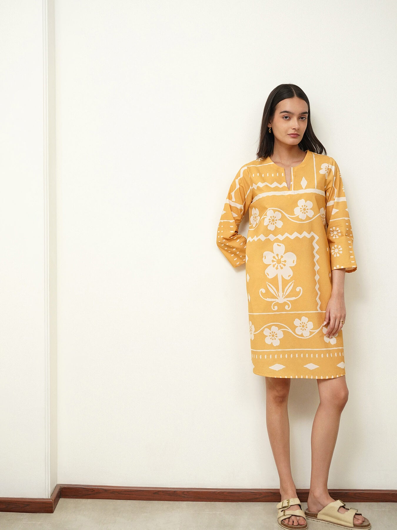 Cotton Floral Shirt Collar Dress - Yellow