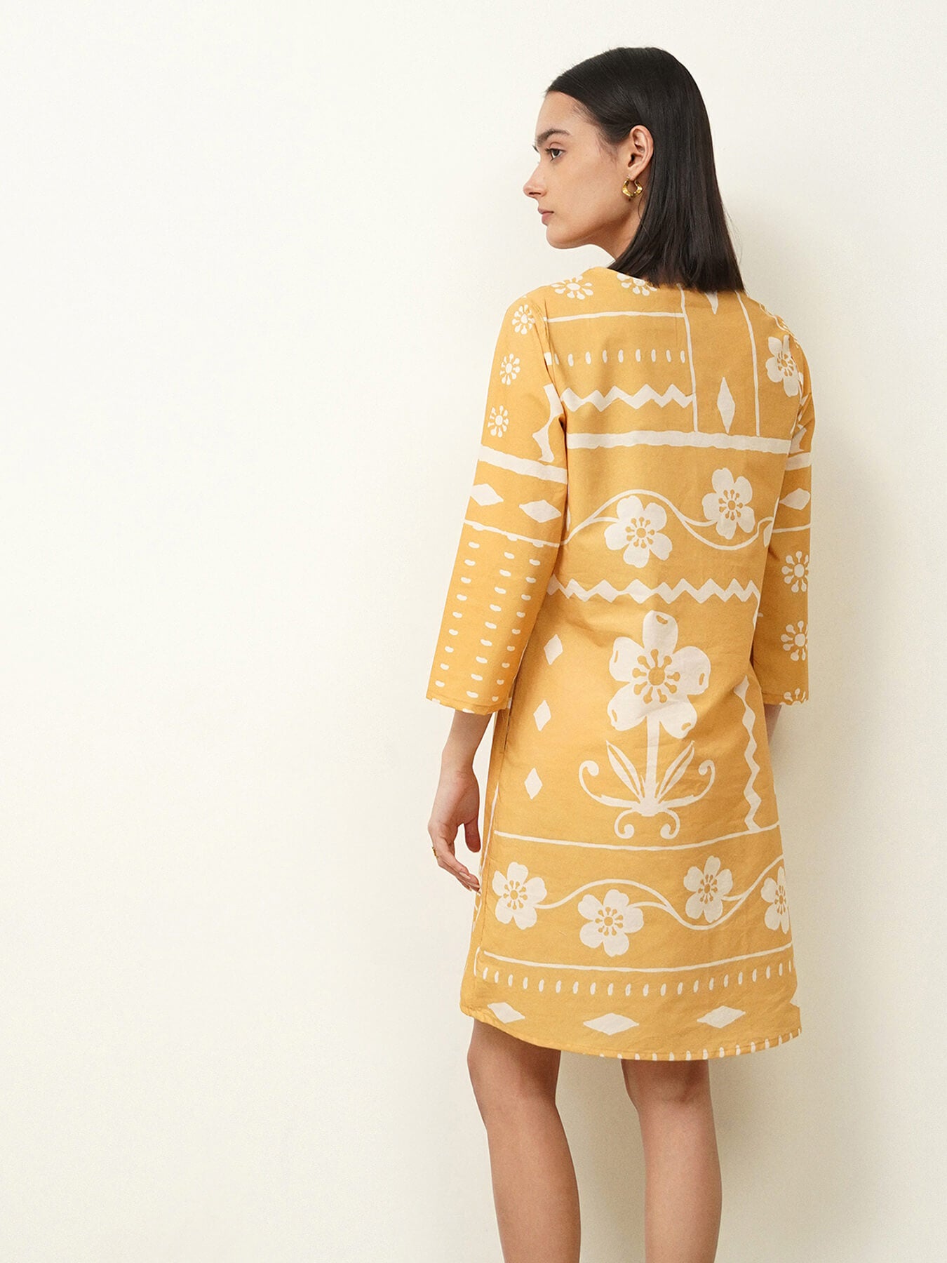 Cotton Floral Shirt Collar Dress - Yellow