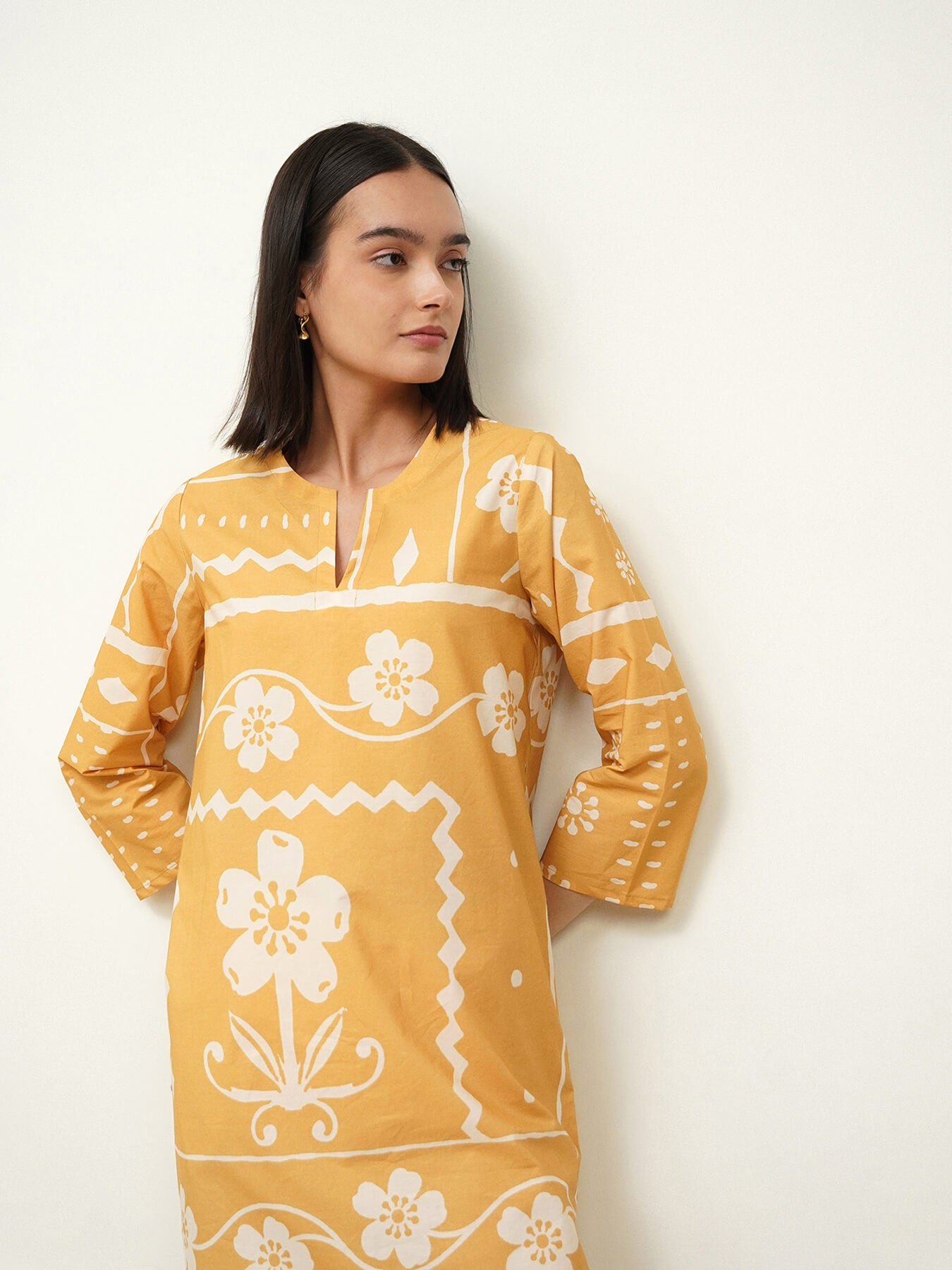 Cotton Floral Shirt Collar Dress - Yellow