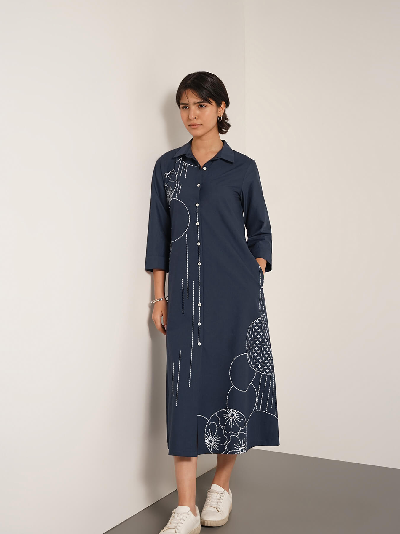 Cotton Geometric Print Shirt Dress - Navy Blue