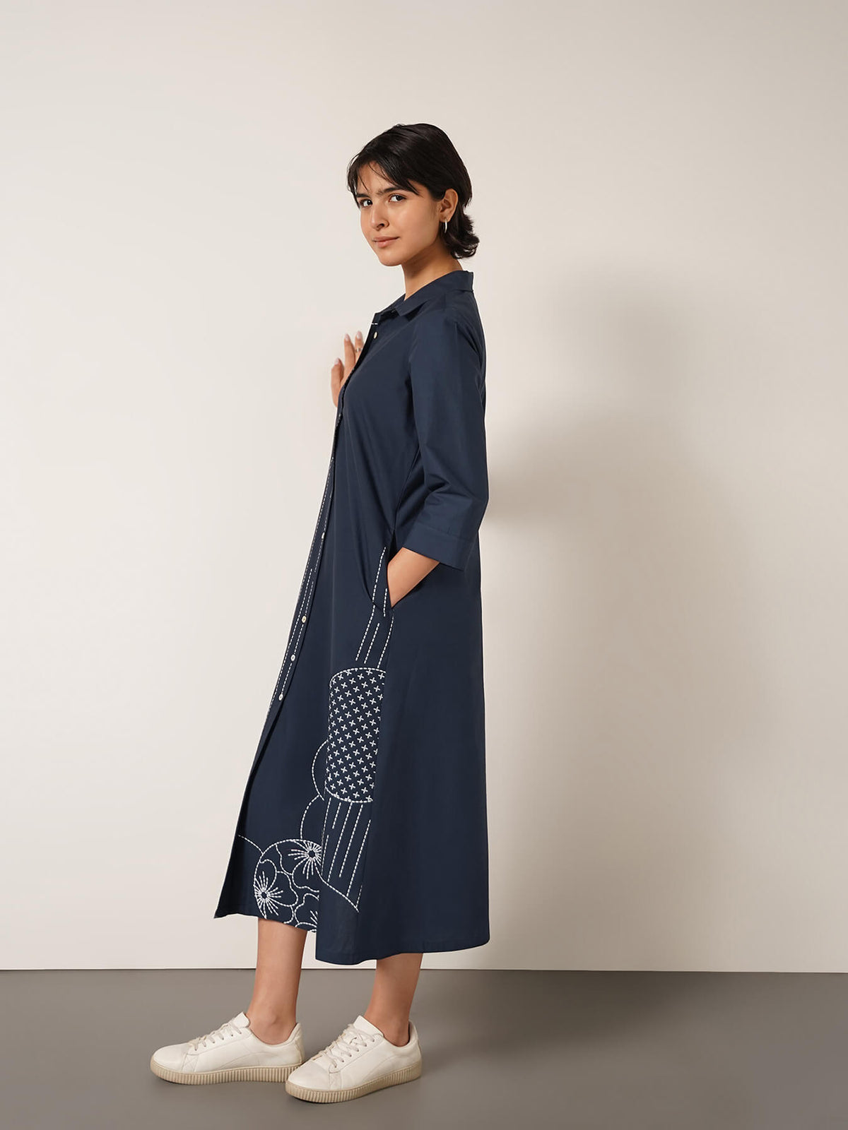 Cotton Geometric Print Shirt Dress - Navy Blue