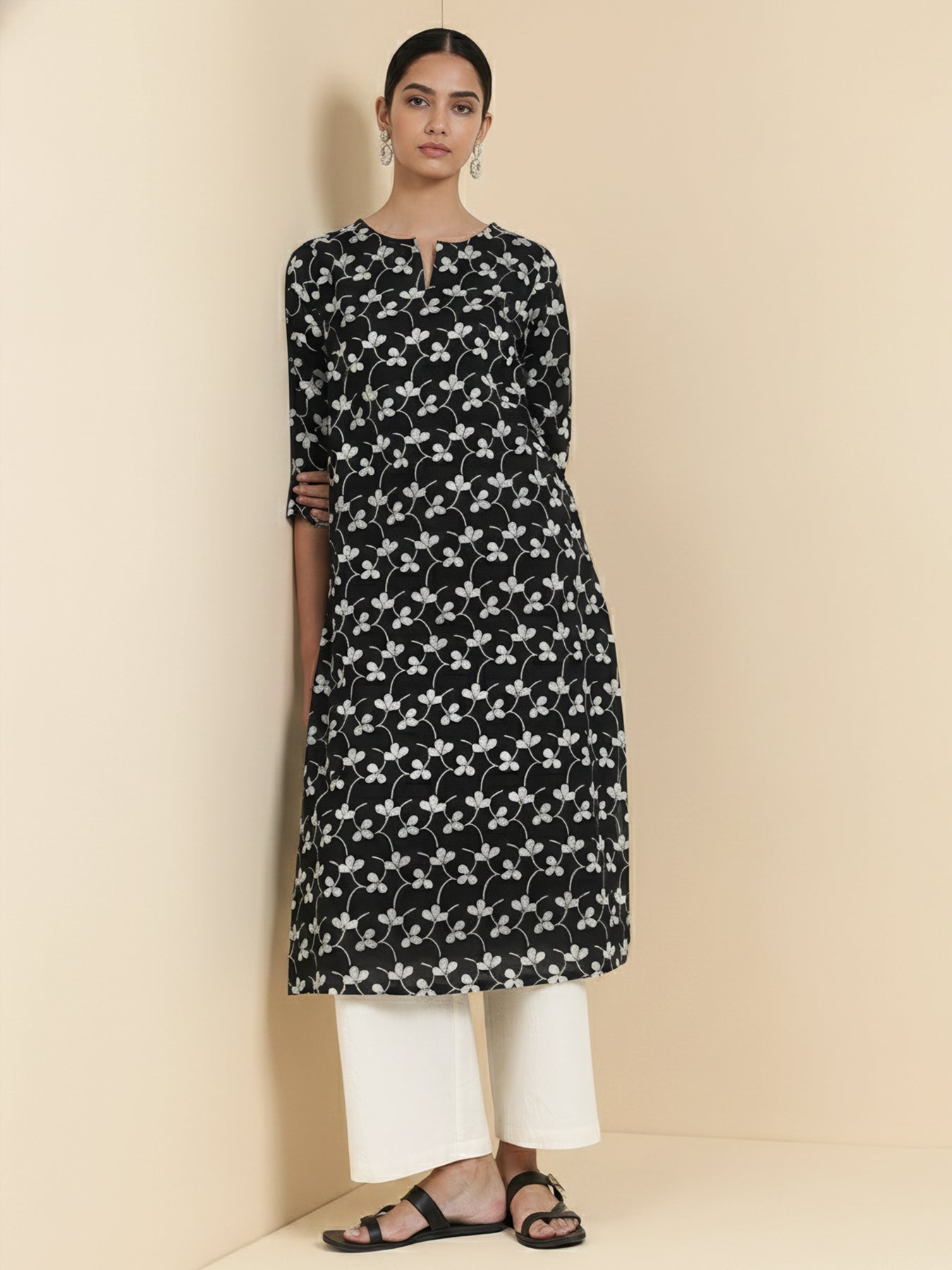 Cotton Floral Straight Kurta - Black