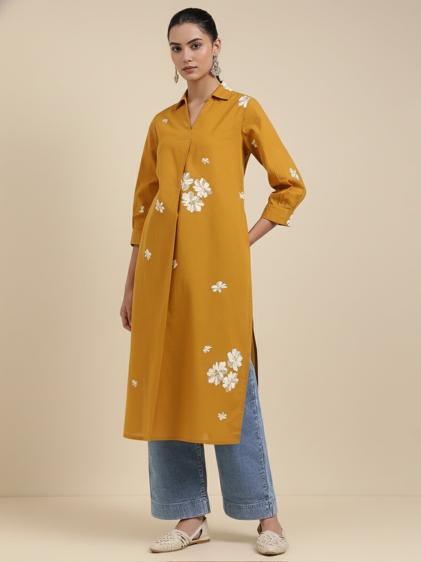 Cotton Floral Straight Kurta - Mustard