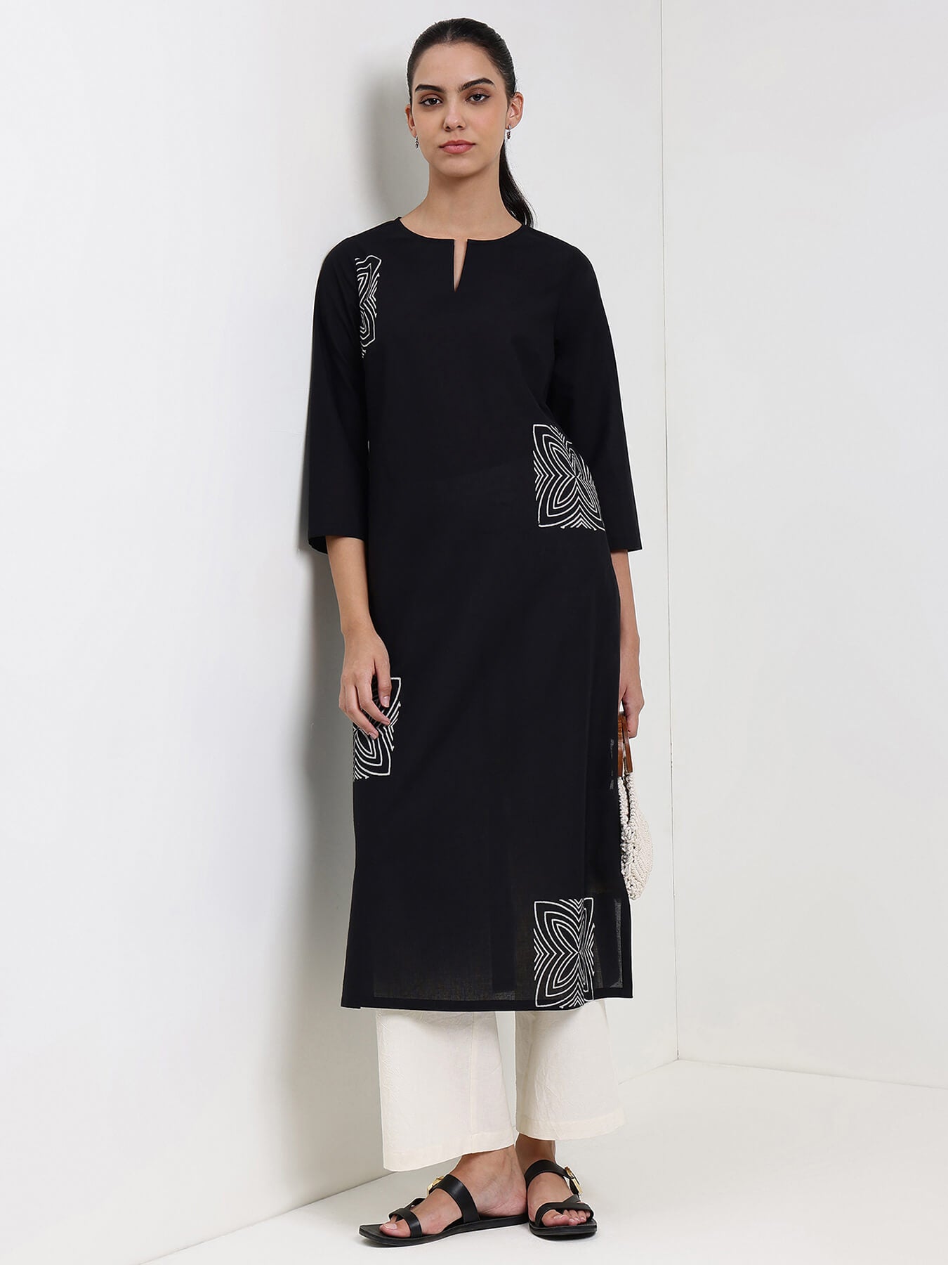Cotton Geometric Straight Kurta - Black