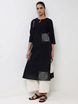 Cotton Geometric Straight Kurta - Black
