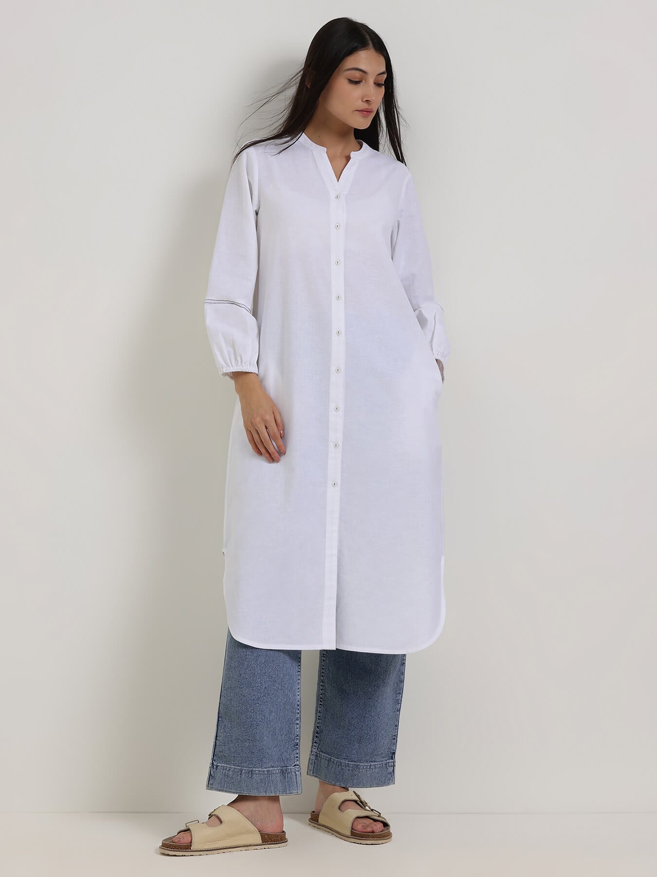 Linen Blend Solid Straight Kurta - White