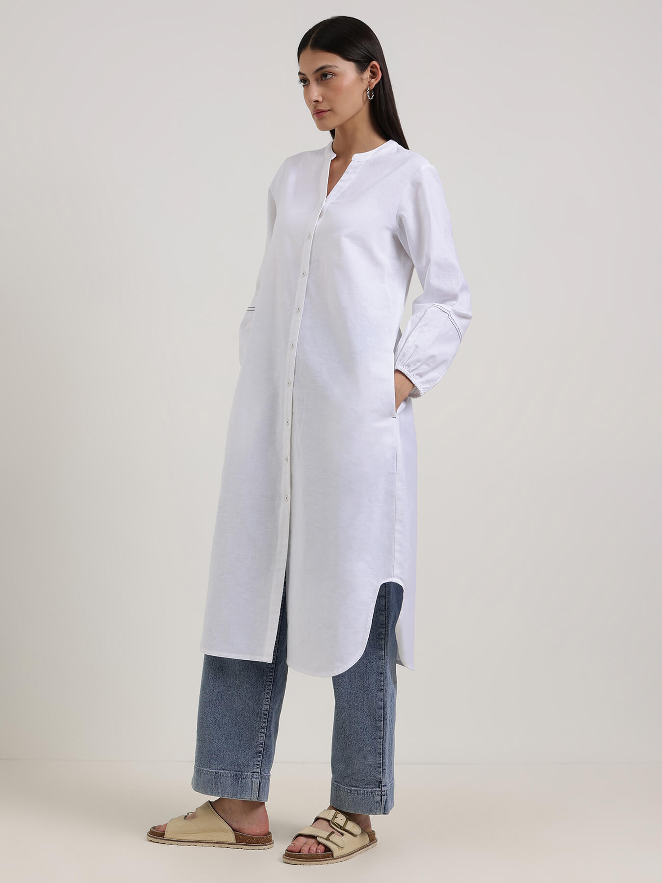 Linen Blend Solid Straight Kurta - White
