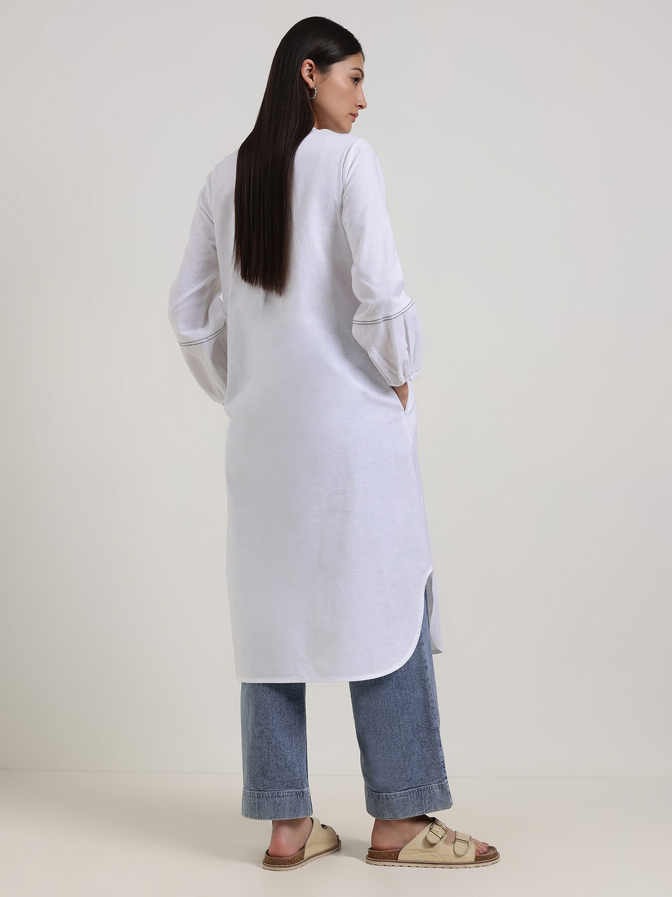 Linen Blend Solid Straight Kurta - White