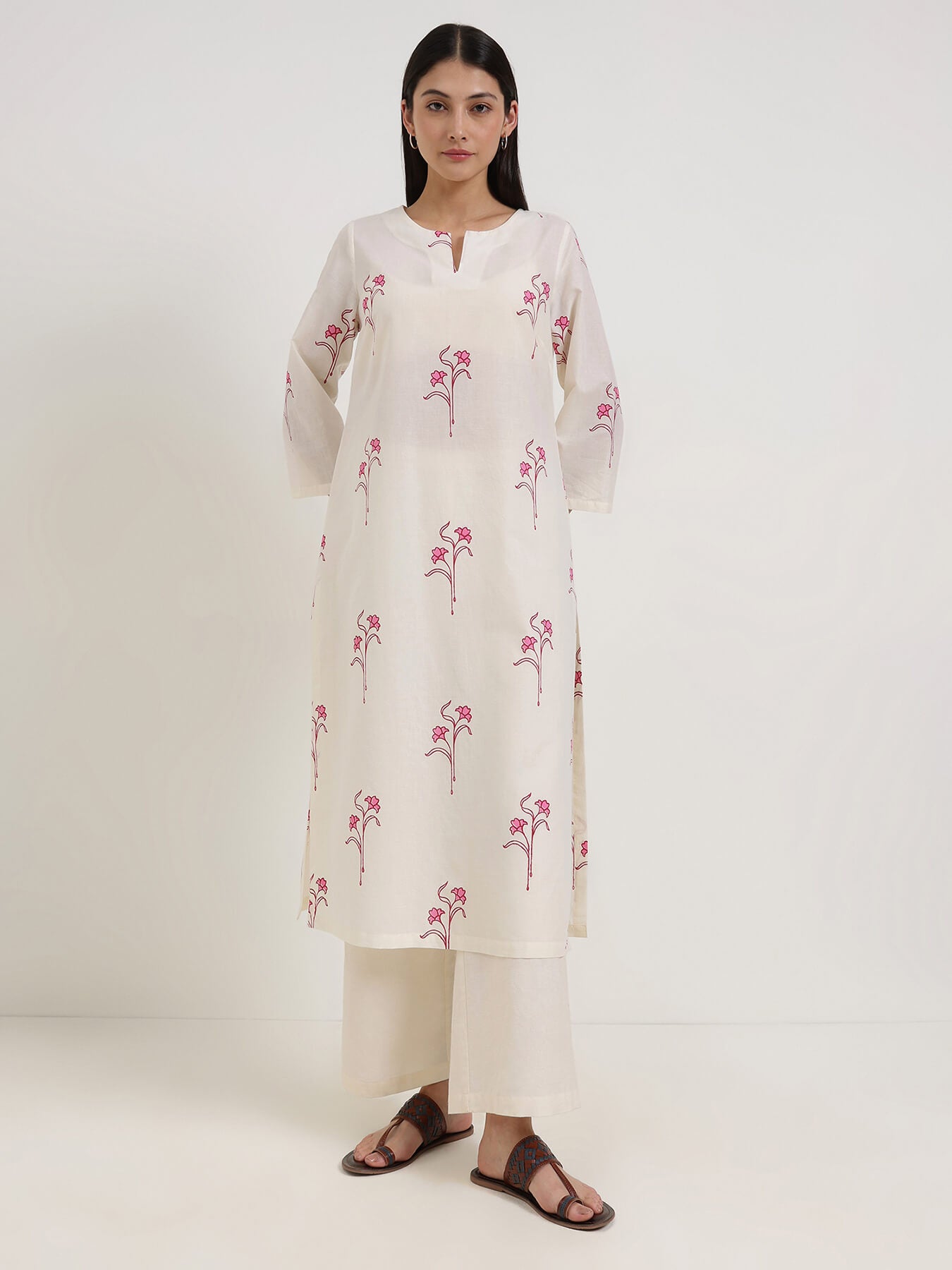 Cotton Floral Straight Kurta - Off White