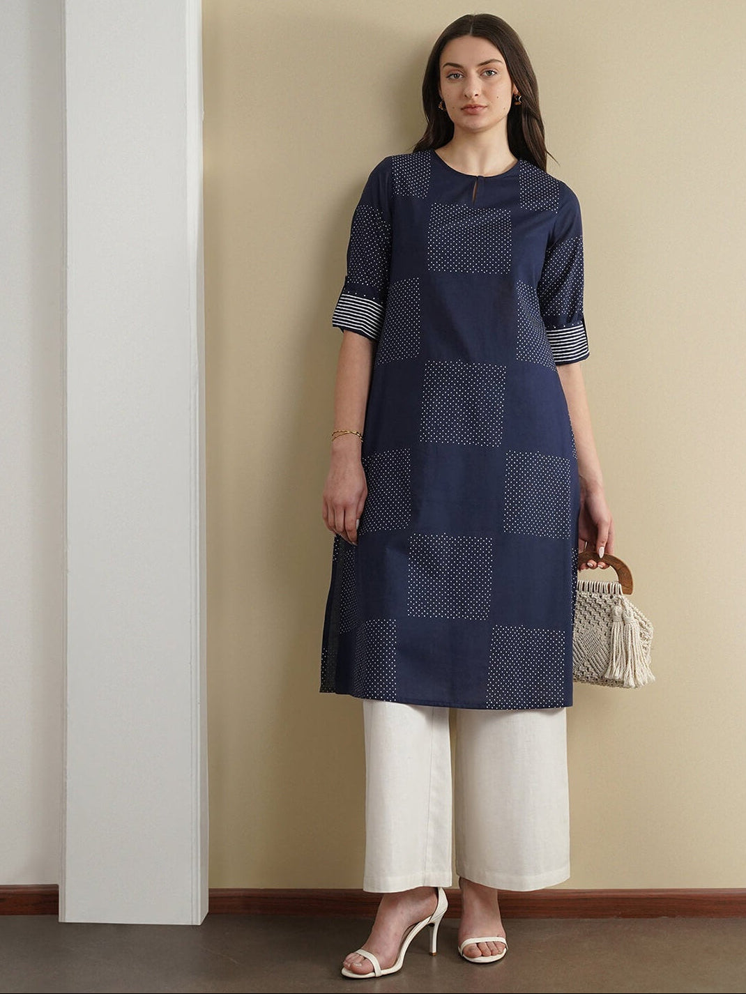Cotton Geometric Flared Kurta Set - Navy Blue
