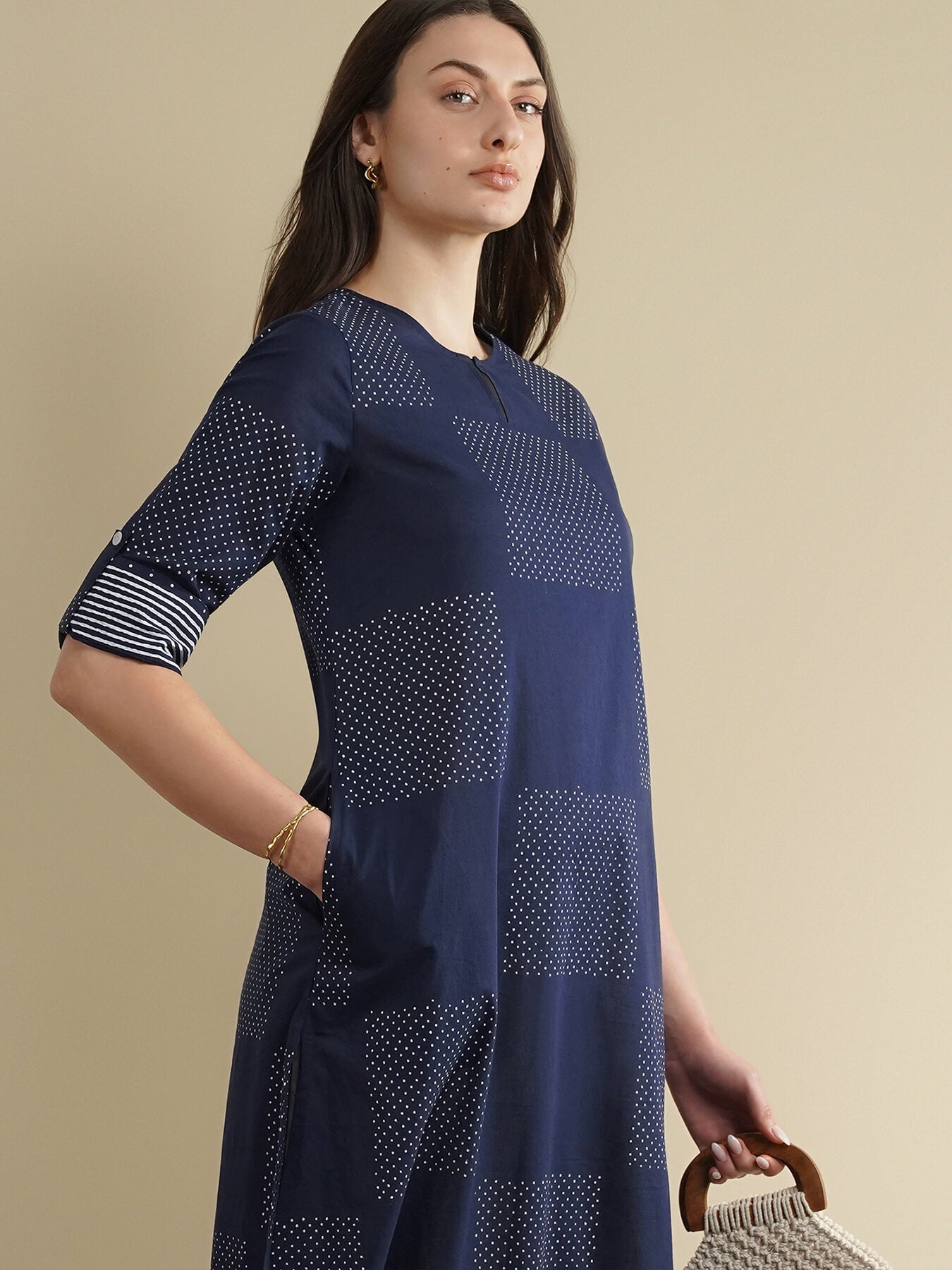 Cotton Geometric Flared Kurta Set - Navy Blue