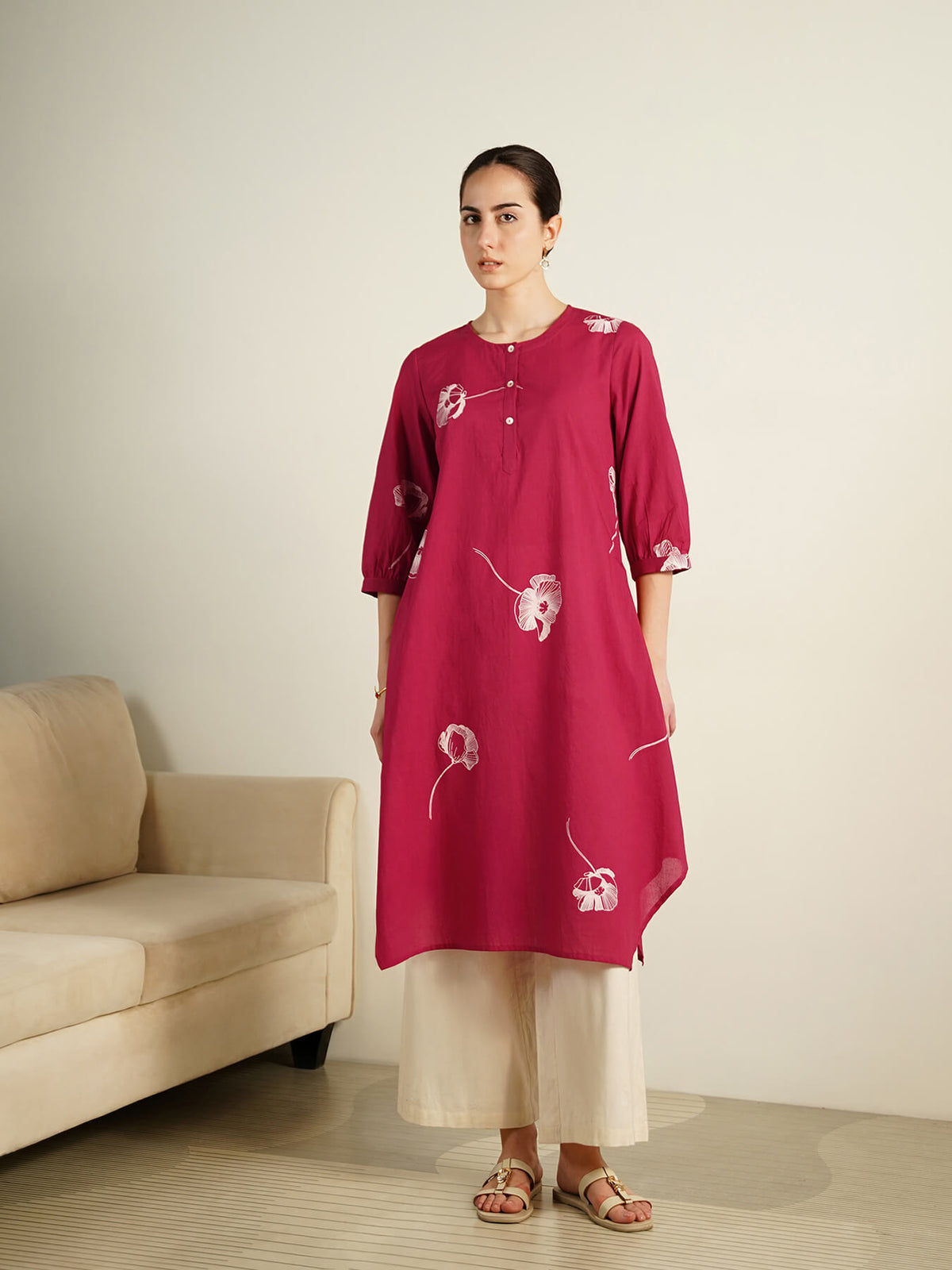 Cotton Floral Mandarin Collar Kurta - Red