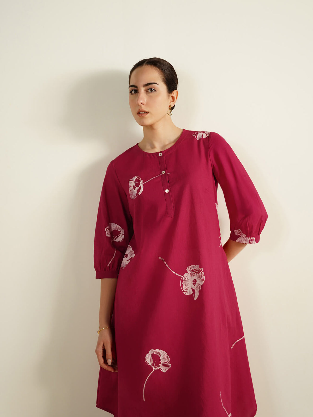 Cotton Floral Mandarin Collar Kurta - Red