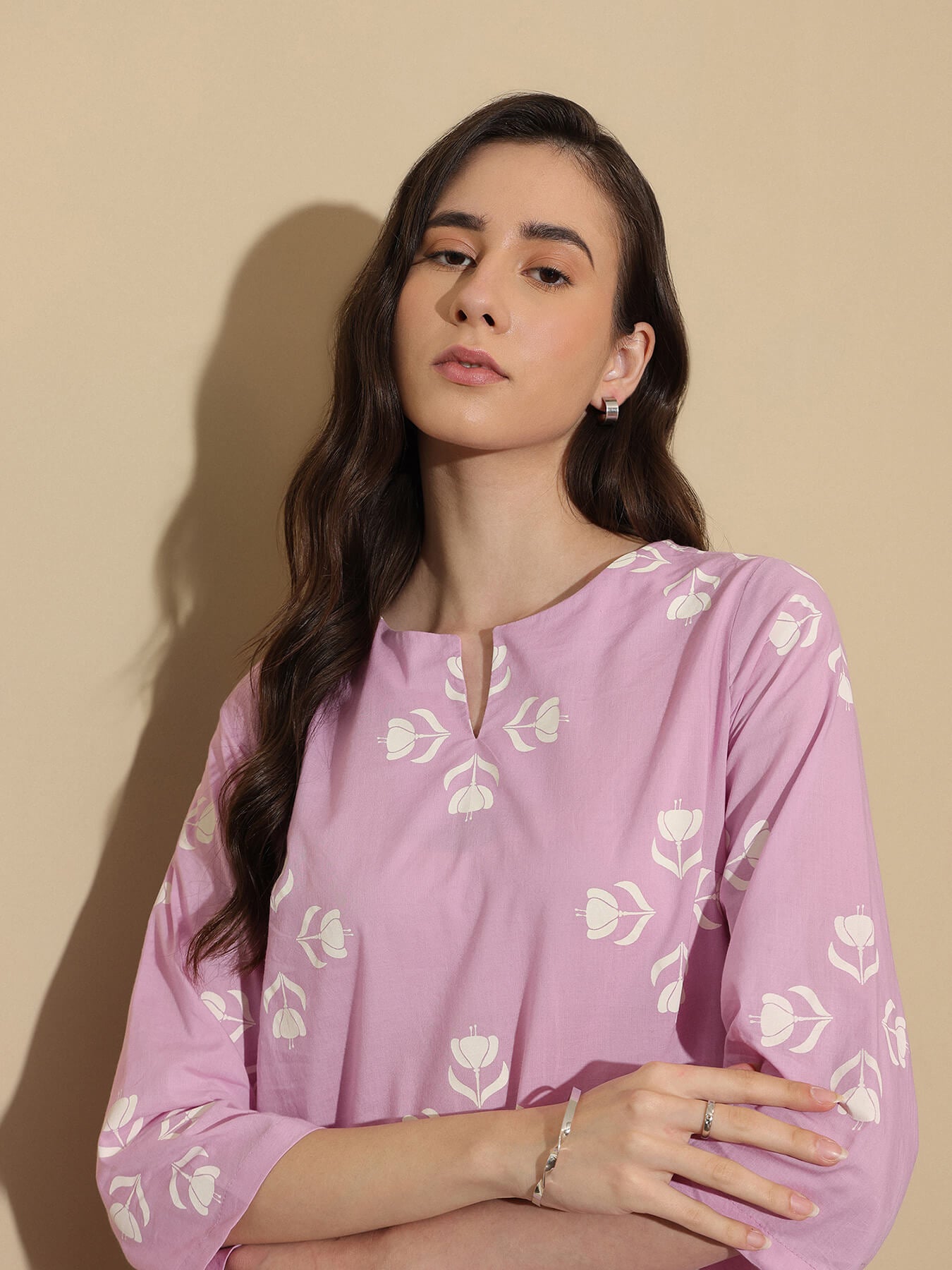 Cotton Floral Straight Kurta - White & Lavender