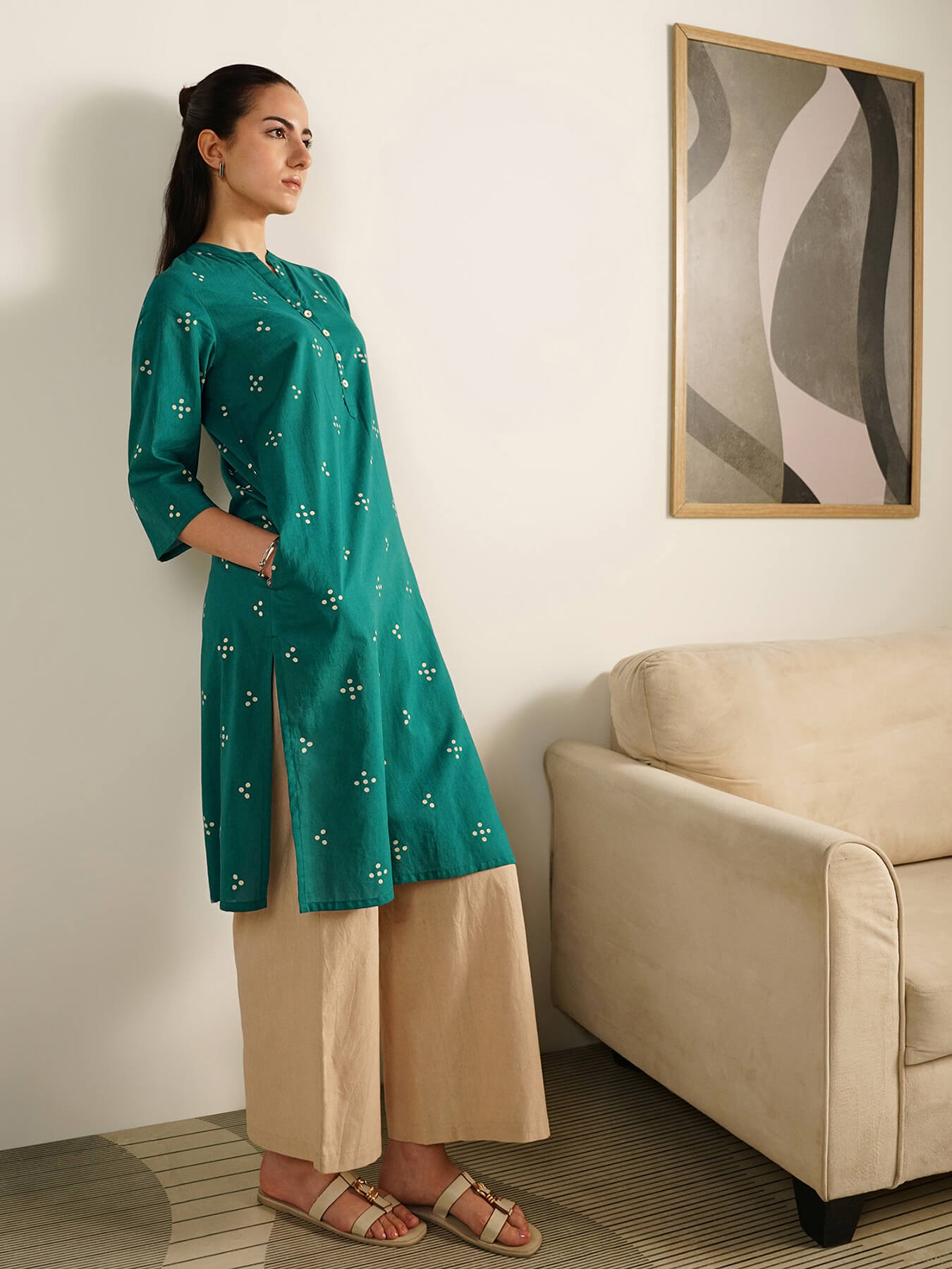 Cotton Tribal Print Band Collar Kurta - Teal