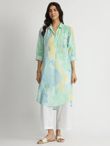Cotton Marble Print Shirt Collar Kurta - Multicolour
