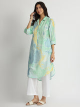 Cotton Marble Print Shirt Collar Kurta - Multicolour