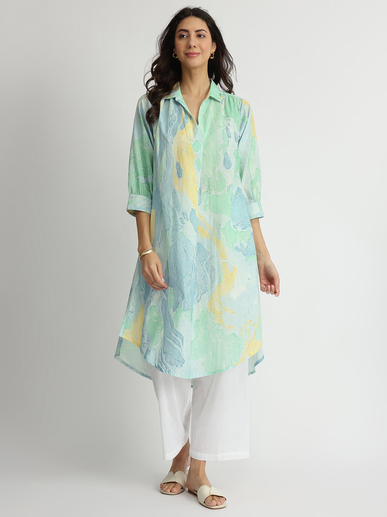 Cotton Marble Print Shirt Collar Kurta - Multicolour