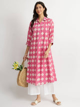 Cotton Dabu Abstract Print Kurta - Pink