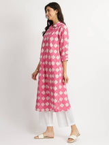 Cotton Dabu Abstract Print Kurta - Pink