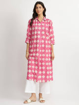 Cotton Dabu Abstract Print Kurta - Pink