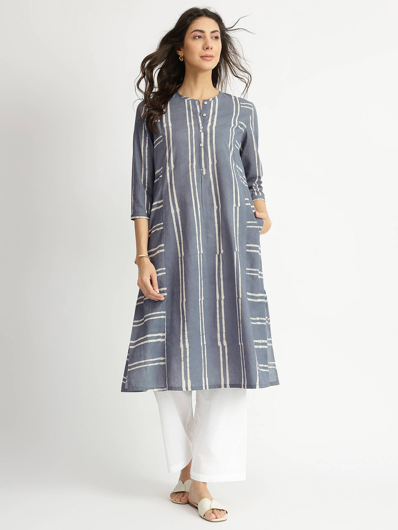 Cotton Dabu Stripe Play Kurta - Grey