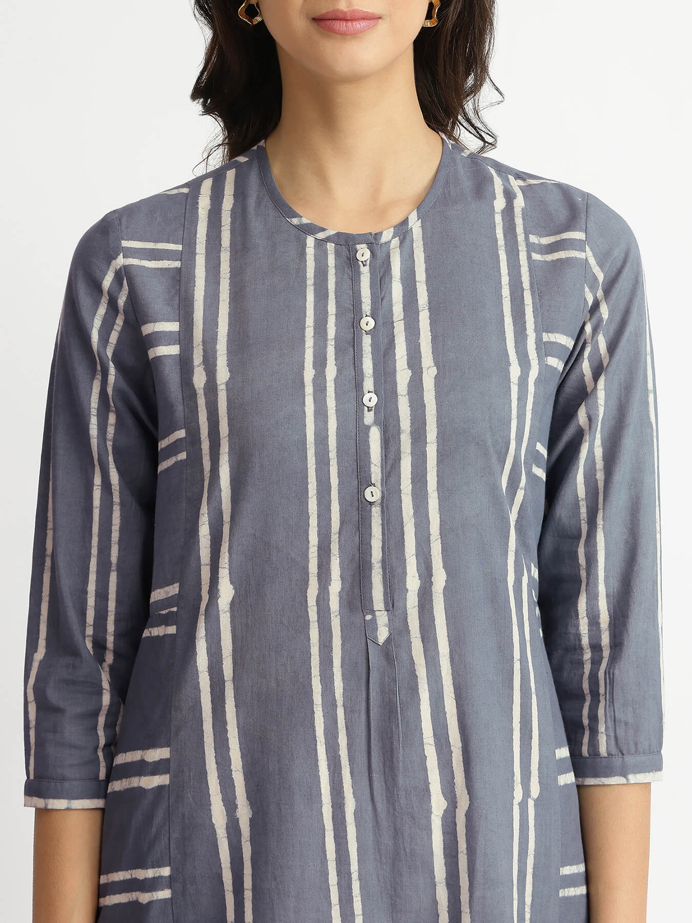 Cotton Dabu Stripe Play Kurta - Grey