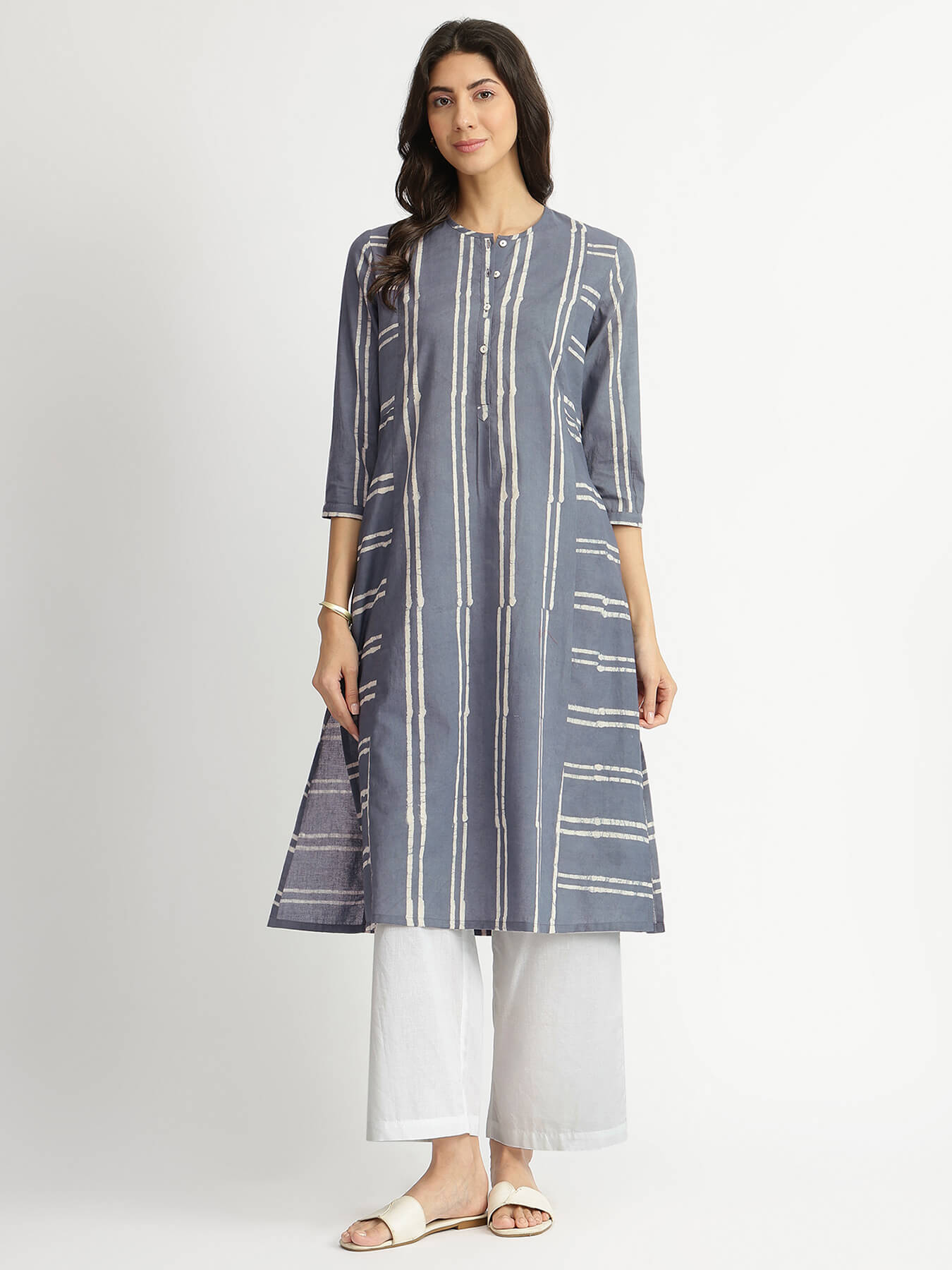 Cotton Dabu Stripe Play Kurta - Grey