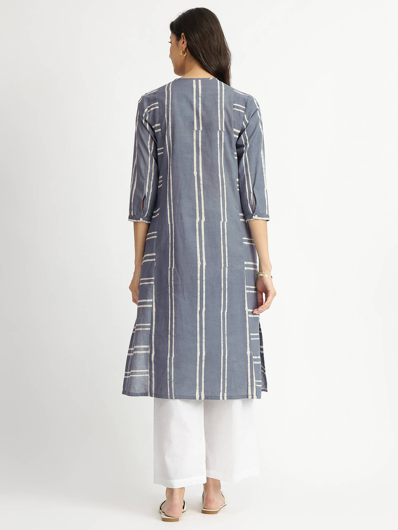Cotton Dabu Stripe Play Kurta - Grey
