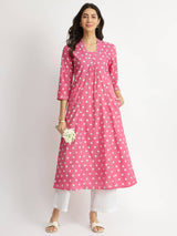 Cotton Dabu Polka Flared Kurta - Pink