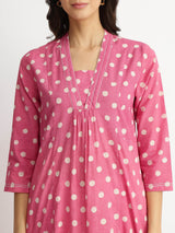 Cotton Dabu Polka Flared Kurta - Pink