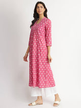 Cotton Dabu Polka Flared Kurta - Pink